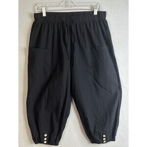 Womens Black Cotton Cropped Pants Elastic Waist Drawstring Button Detail XL